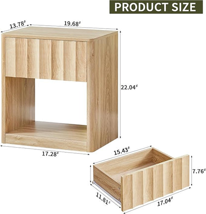 Bifins Fluted Dresser, Small Nightstands Set of 2, Natural Bedside Table with Drawer and Storage, Mid Century Modern Side Table for Bedroom Sofa