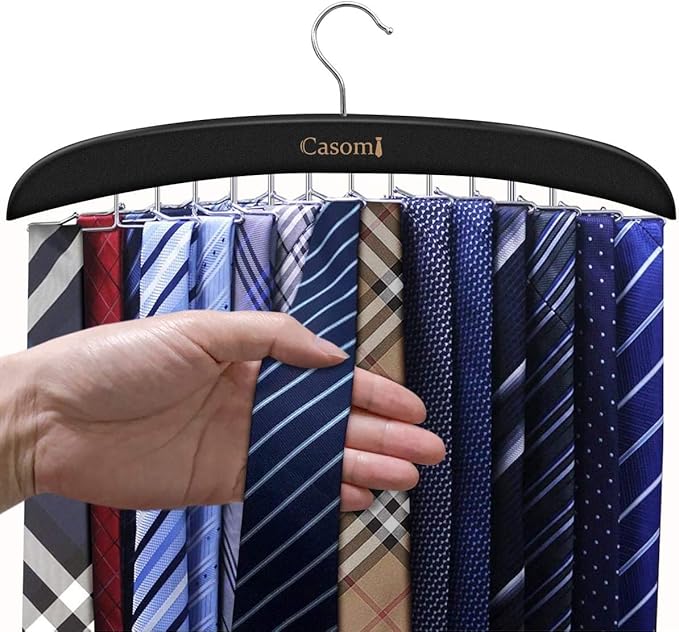 Ytaolis Premium Wood & Sturdy Quality Tie Hanger, 24 Non Slip Metal Hooks, 360 Swivel Design, Anti Slip Grips, Space Saving, Foldable, Black