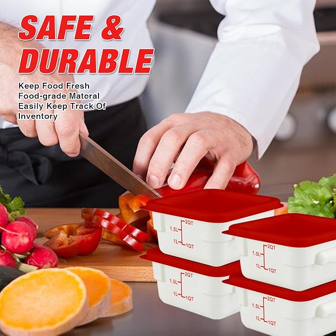 WELKOR Square Food Containers with Lids 4-Pack, Commercial Grade Airtight Plastic Bins for Restaurant Kitchen Pantry Storage, Freezer & Dishwasher Safe (Red, 2QT-4PACK)