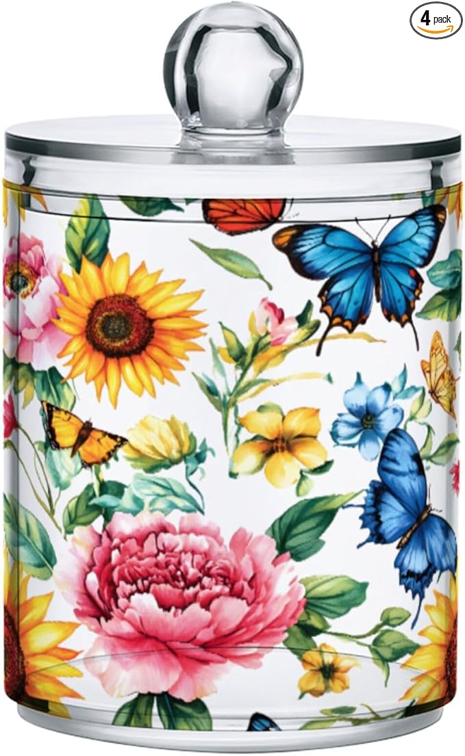 MNSRUU 4 Pack Qtip Holder Organizer Dispenser Sunflowers Peonies and Butterflies Bathroom Storage Canister Cotton Ball Holder Bathroom Containers for Cotton Swabs/Pads/Floss