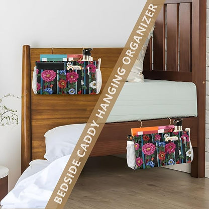 CuwrYet Bedside Caddy Hanging Bunk Bed Caddy Bed Organizer Hanging Pocket with 2 Hooks Bedside Storage Organizer Pocket Bag Holder Mexican Flowers Stripe