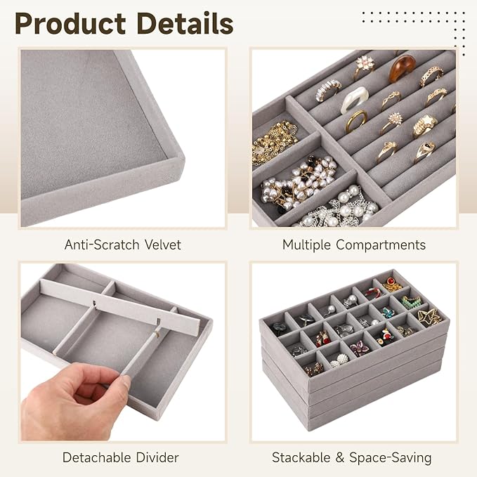 8 Pcs Jewelry Drawer Organizers, Velvet Jewelry Trays for Drawer, Stackable Jewelry Trays Ideal for Rings, Earrings, Bracelets, Necklaces, Grey (Gray)