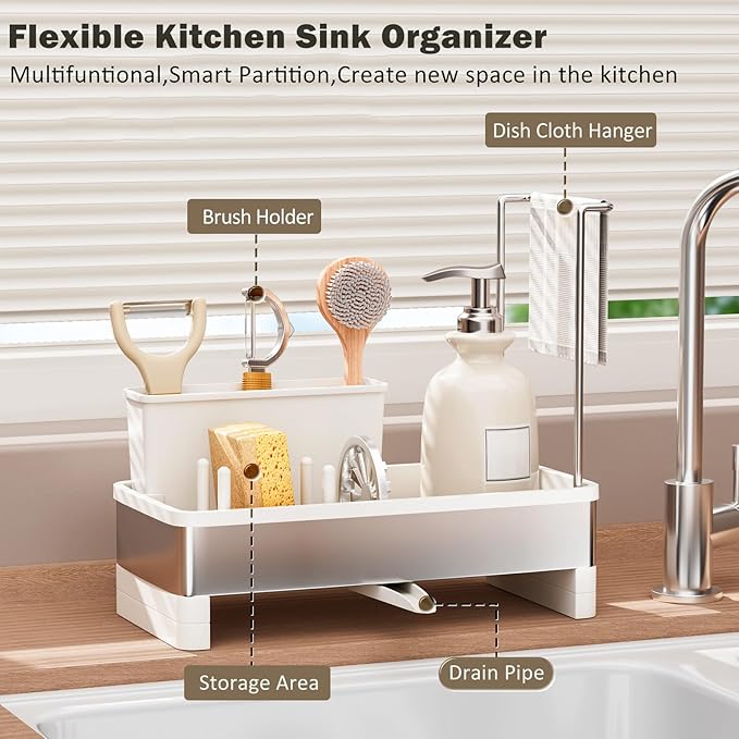 SOVGIZF Sponge Holder for Kitchen Sink,Sink Caddy Organizer with Removable Brush Holder,Kitchen Countertop Soap Dispenser Storage with Detachable Towel Rack,White