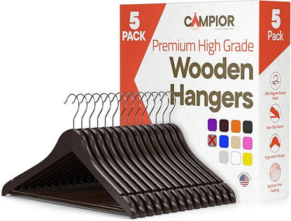 Brown Wooden Hangers 5 Pack – Heavy-Duty with 360° Swivel Hook, Non-Slip, Pants Bar & Shoulder Grooves - Wooden Hangers for Suits, Jackets, Dresses & Camisoles, Space-Saving and Smooth Finish