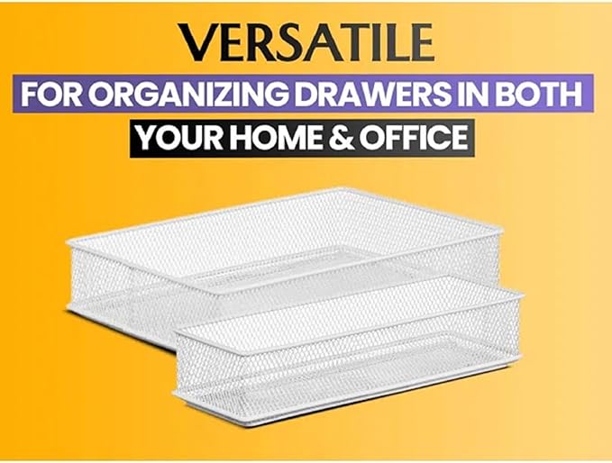 YBM HOME White Mesh Drawer Organizer and Storage for Kitchen Drawers, Serves as School Supply Holder, Office Desktop Organizer Basket, Makeup and Craft Supplies Organization, (2 Pack, 4x12x2 Inch)
