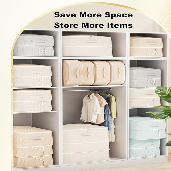 Comforter Storage Bag, Ultra Space Saving Self Compression Organizer, Large Capacity 3-Layer Blanket Storage Bags (Beige X-Large)