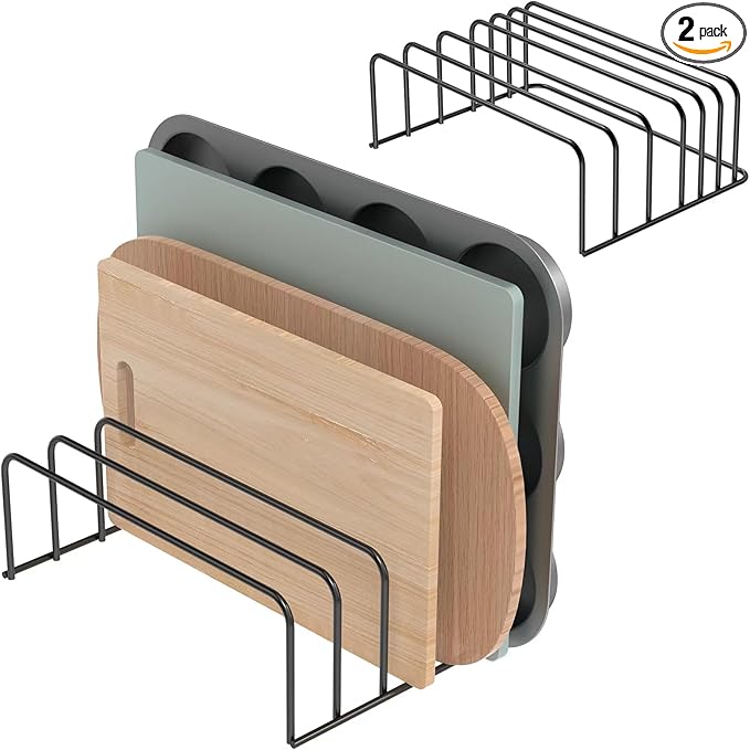 SIBAO [2-Pack] Large Cutting Board Organizer, Cutting Board Holder Rack Baking Cookie Pan Sheets Cooling Racks Storage Stand for Kitchen Cabinet -Divided Holder with 6 Slots (Black)
