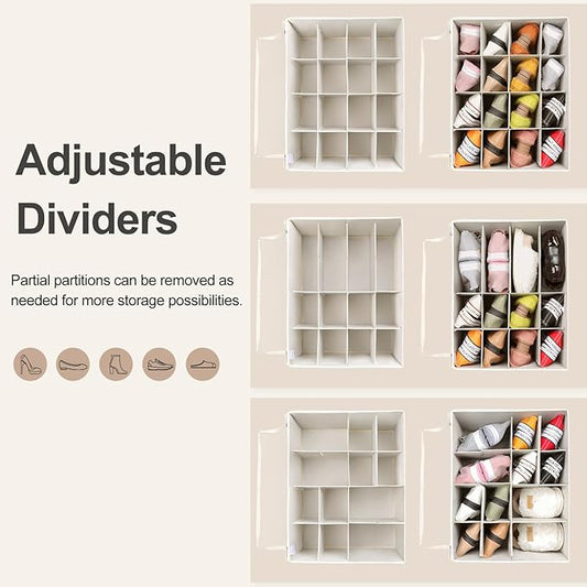 Shoe Organizer for Closet, Foldable Shoe Box with Adjustable Dividers and Clear Cover, Space Saving Shoe Storage Organizer Cabinet with Reinforced Handles, Fits 16 Pairs, Beige TP09Y