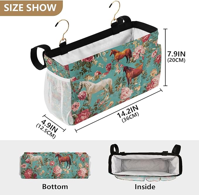 CuwrYet Bedside Caddy Hanging Bunk Bed Caddy Bed Organizer Hanging Pocket with 2 Hooks Bedside Storage Organizer Pocket Bag Holder Teal Horses and Red Roses