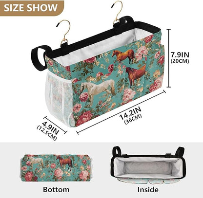 CuwrYet Bedside Caddy Hanging Bunk Bed Caddy Bed Organizer Hanging Pocket with 2 Hooks Bedside Storage Organizer Pocket Bag Holder Teal Horses and Red Roses