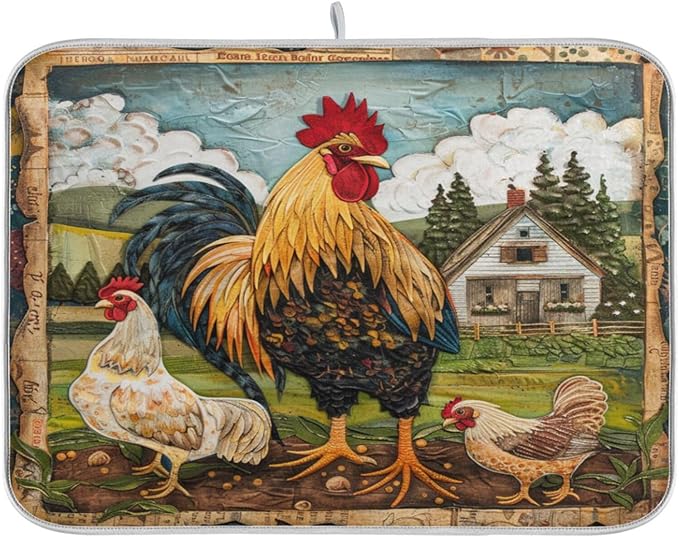 ZzWwR Rural Farm Painting House Rooster and Hen Absorbent Dish Drying Mat Microfiber Kitchen Countertop Table Protector Multi-Purpose Counter Rack Sink Drainer Pad (16" x 18)