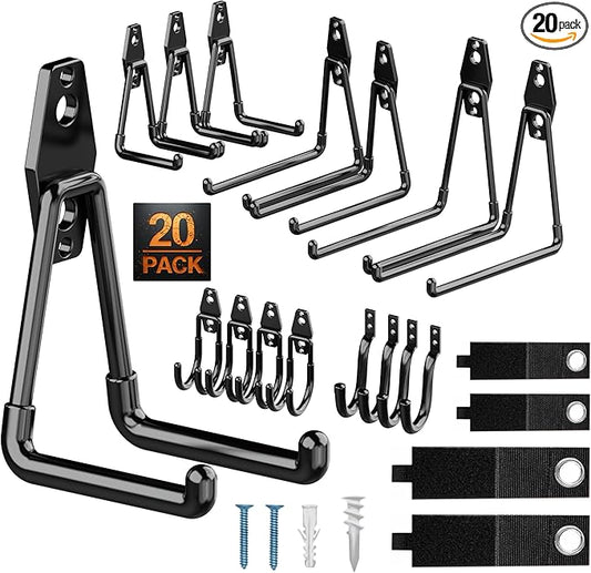 Pack 20 Garage Hooks Heavy Duty | Multi-Sized Wall Mount Tool Hangers with Anti-Rust PVC Coating | Heavy Duty Wall Hooks for Bikes, Ladders, Garden Tools, and More
