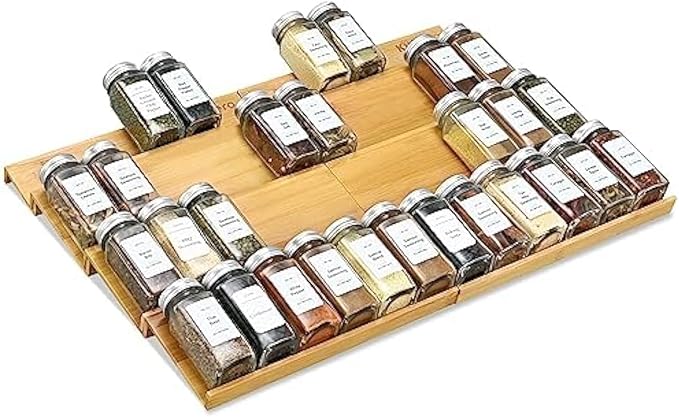 KitHero Spice Drawer Organzier,4 Tiers- 8Pcs Bamboo Spice Rack Tray Insert for Cabinet Drawer Countertop, Kitchen Seasoning Storage Drawer Organization,22" Wide x 15.8" Deep （Hold UP To 48 Jars