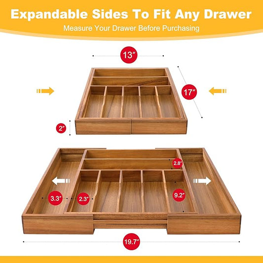 Large Premium Acacia Silverware Organizer - Expandable Drawer Organizer & Utensil Organizer - 17"x19.7" Cutlery Tray with Dividers for Kitchen Utensils and Flatware (7-9 Slots) Acacia