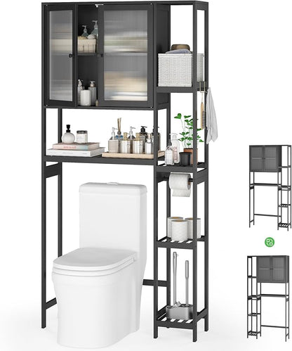 Wisuce Essentials Over The Toilet Storage Cabinet Above Toilet Bathroom Organizer with Toilet Paper Holder Stand Bath Organizer with Adjustable Shelves & Acrylic Doors,Anti-Tip Device (Black)