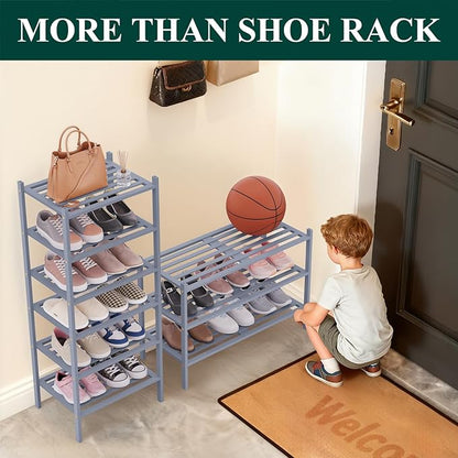 Smiry Long Bamboo Shoe Rack 4-Tier, Stackable Wooden Shoe Organizer for Entryway & Closet, Free Standing Wood Shoe Storage Shelf for Front Door & Small Spaces, Grey