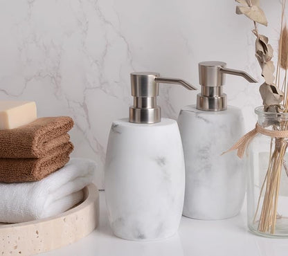 Clasin Home Resin Hand Soap Dispenser, Refillable Soap Dispenser with White Marble Look and Metallic Pump, Waterproof Bottle Labels for Bathroom Kitchen Dish Hand Wash Shower Lotion Shampoo (12 Oz)