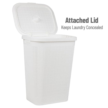 Mind Reader 60L Slim Laundry Hamper, Clothes Basket, Lid, Linen Design, Plastic, White