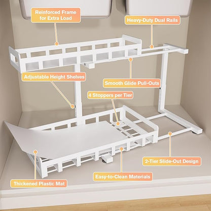 Under Sink Organizer 2 Pack, Metal Large Capacity 2-Tier Sliding Cabinet Storage Rack, Heavy-Duty Rust-Resistant Steel Frame, Holds 50 lbs Each, Adjustable Height 12–16", 14"D x 11"W for Home, White
