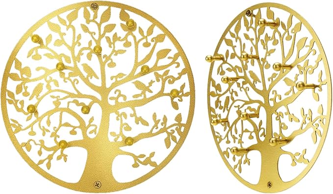 Round Decorative Home Key Holder Wall Mount, 2 Pack Metal Tree Car Key Rack for Wall Organizer for Keys, Wallets, Hats, Used for Decor for House Entryway, Kitchen, Garage, Office (12" Gold)