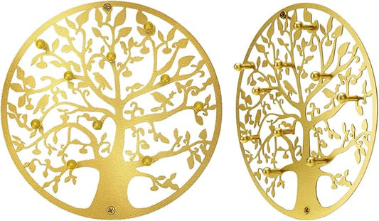 Round Decorative Home Key Holder Wall Mount, 2 Pack Metal Tree Car Key Rack for Wall Organizer for Keys, Wallets, Hats, Used for Decor for House Entryway, Kitchen, Garage, Office (12" Gold)