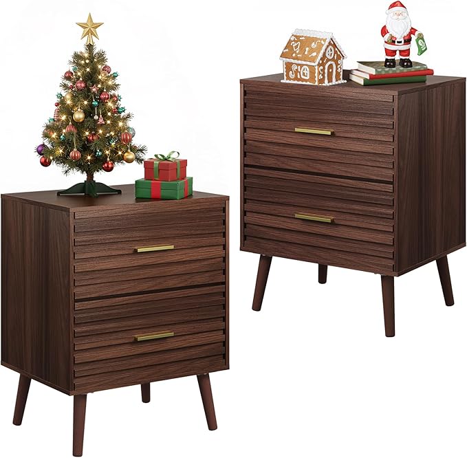 WLIVE Wood Night Stand Set of 2 with 2 Drawers, Mid Century Modern Nightstand Sets, Fluted Bed Side Tables for Bedroom, Dorm, Living Room End Table