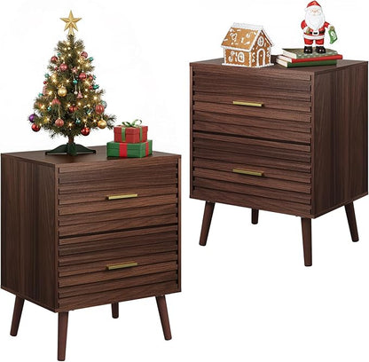WLIVE Wood Night Stand Set of 2 with 2 Drawers, Mid Century Modern Nightstand Sets, Fluted Bed Side Tables for Bedroom, Dorm, Living Room End Table