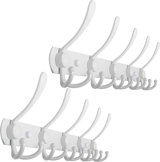 WEBI Coat Rack Wall Mount,Coat Hooks Wall Mount,Coat Hanger Wall,Wall Coat Rack,Hook Rack Rail,5 Triple Hooks for Hanging Coats,Jacket,Clothes,White,2 Packs