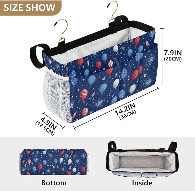 CuwrYet Bedside Caddy Hanging Bunk Bed Caddy Bed Organizer Hanging Pocket with 2 Hooks Bedside Storage Organizer Pocket Bag Holder Navy Blue Patriotic Balloons Fireworks