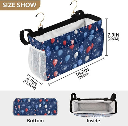 CuwrYet Bedside Caddy Hanging Bunk Bed Caddy Bed Organizer Hanging Pocket with 2 Hooks Bedside Storage Organizer Pocket Bag Holder Navy Blue Patriotic Balloons Fireworks