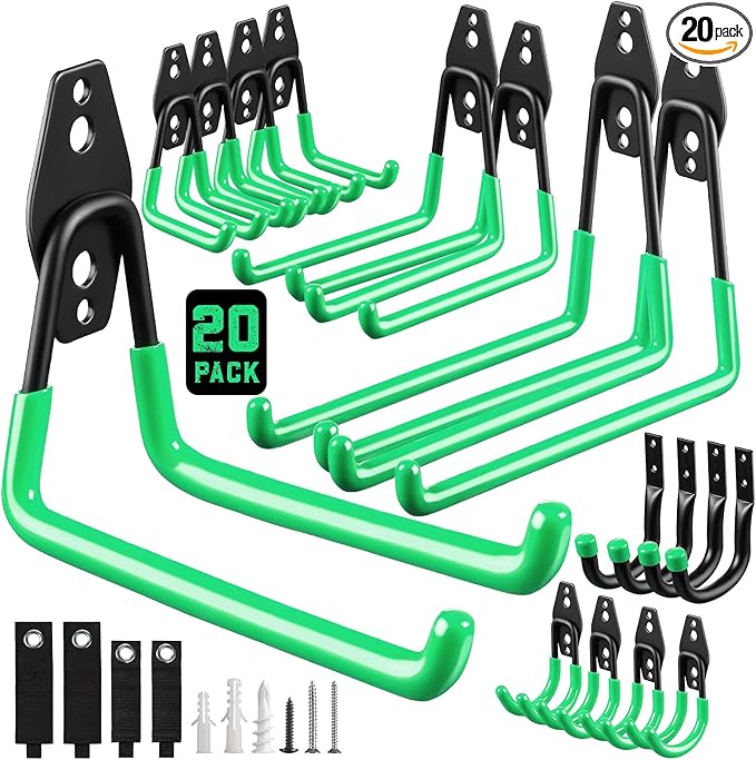 Garage Hooks, 20-Pack Steel Garage Accessories for Organization and Storage, Heavy Wall Mount Duty Hooks with Anti-Slip Coating for Hanging Ladder, Bike, Power Tools and More Tools, Green