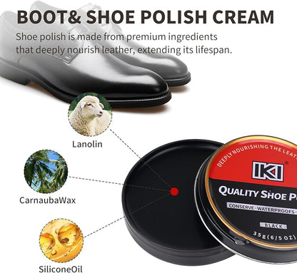 IKI Shoe Shine Polish Kit - 7PCS Leather Boot Care Kit with Black Shoe Polish Horsehair Brush Cloth Shoe Horn for Men