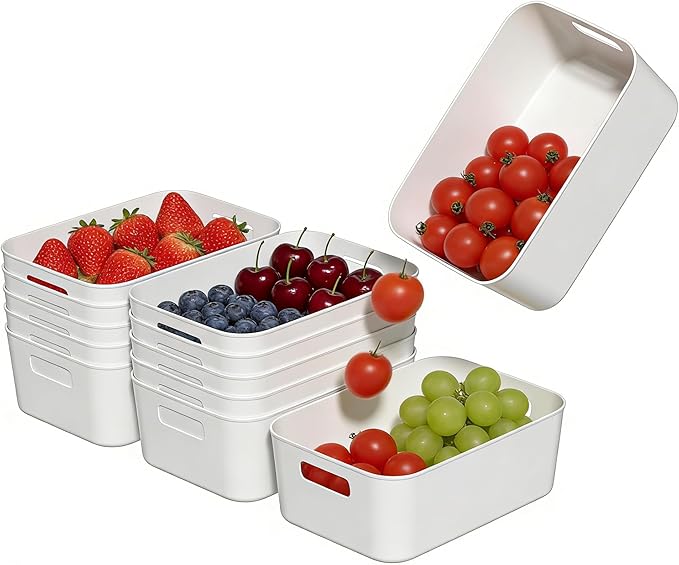 12 Pack Plastic Kitchen Organizing Storage Bins, White Snack Organizer for Pantry Shelf