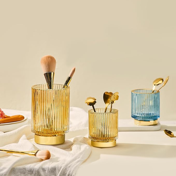 LEICURACE Makeup Brush Holder Organizer,Toothbrush Holders,Desk Pen Pencil Holder,Multifunctional Vintage Glass Brush Cup（S+L/Milky White/A3-5-US）