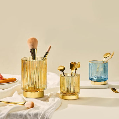 LEICURACE Makeup Brush Holder Organizer,Toothbrush Holders,Desk Pen Pencil Holder,Multifunctional Vintage Glass Brush Cup（S+L/Milky White/A3-5-US）