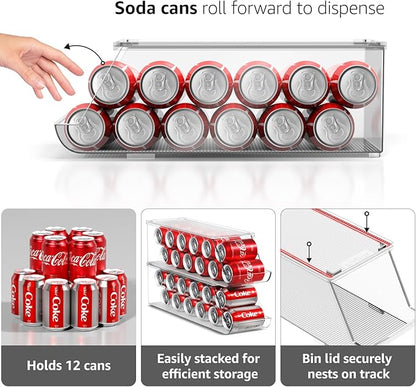 Sorbus Soda Can Organizer for Refrigerator & Egg Holder for Fridge Set, 2 Stackable Can Holder Dispenser Holds 12 Cans Each & 1 Egg Holders with Lid holds 14 eggs for Fridge, Pantry, Freezer, BPA-Free
