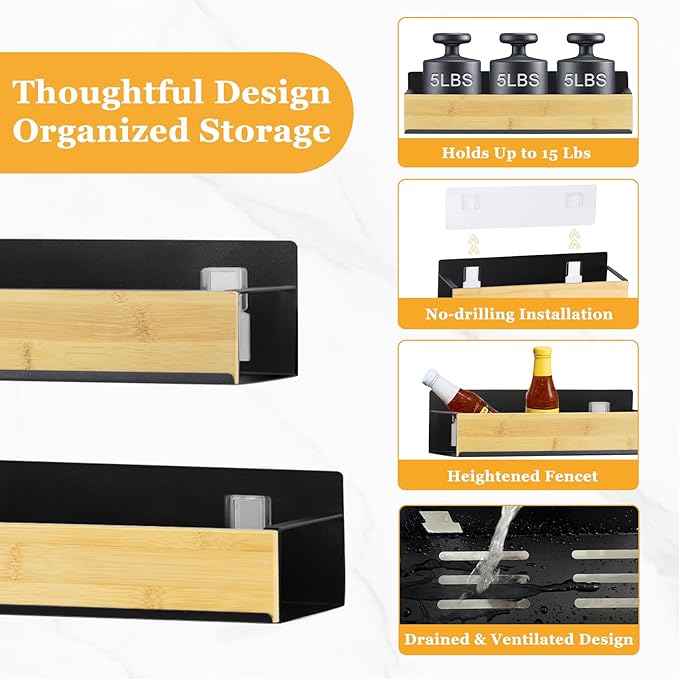 Kitchen Spice Rack Wood: 2 Packs Black Iron and Wooden Adhesive Wall Mount - 11.8" Large Hanging Storage Organizer Cabinet Without Drilling for Smooth Wall