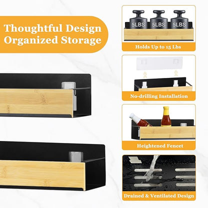 Kitchen Spice Rack Wood: 2 Packs Black Iron and Wooden Adhesive Wall Mount - 11.8" Large Hanging Storage Organizer Cabinet Without Drilling for Smooth Wall