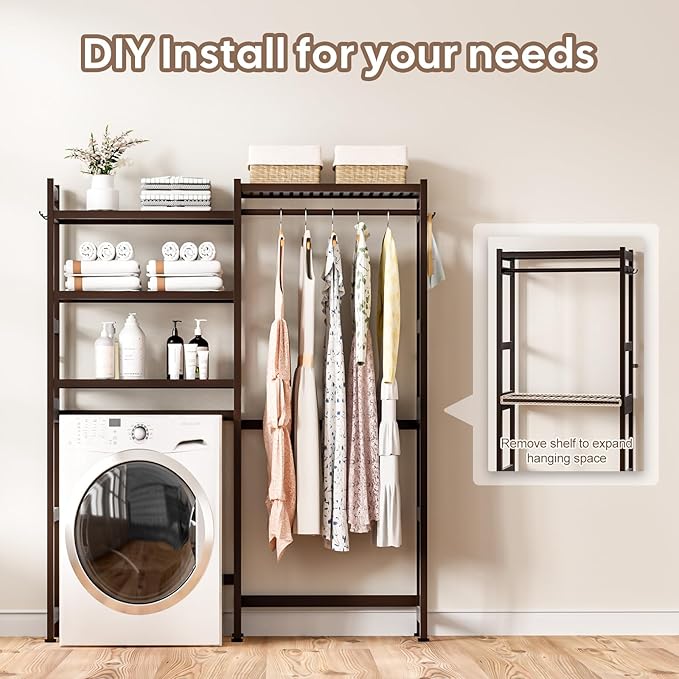 Over The Washer and Dryer Storage Shelf Bamboo,5 Tiers Laundry Room Drying Rack with Adjustable Shelves and 4 Hooks,Space Saver Organizer for Hanging Clothes and Towels (Brown)