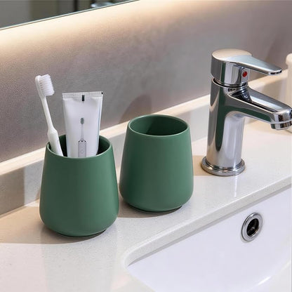 Green Toothbrush Holder for Bathroom - Ceramic Tooth Brushing Holders, Toothbrush Cup, Toothpaste Organizer for Bathroom Countertop, Makeup Brush Holder, Pen Holder for Home Desktop Storage
