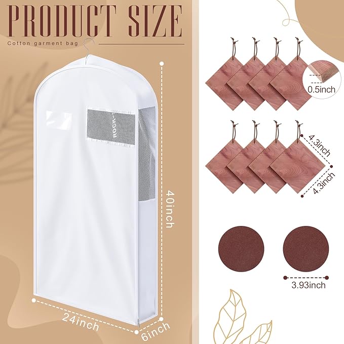 2 Sets 40 Inch Short Cotton Garment Bags, Breathable Hanging Clothes Covers with Card Pocket & Mesh Viewing Window, 8 Cedar Blocks for Suits, Sweaters, Fur Coats, Short Dresses, 6 Inch Wide