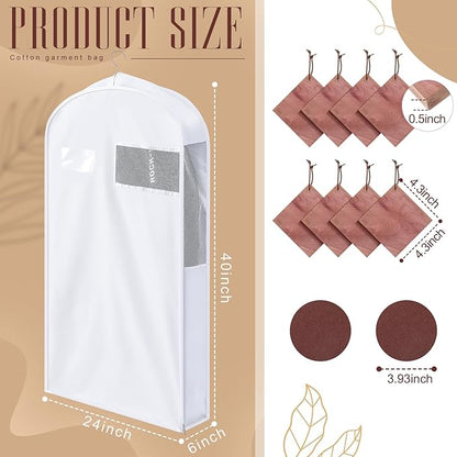 2 Sets 40 Inch Short Cotton Garment Bags, Breathable Hanging Clothes Covers with Card Pocket & Mesh Viewing Window, 8 Cedar Blocks for Suits, Sweaters, Fur Coats, Short Dresses, 6 Inch Wide