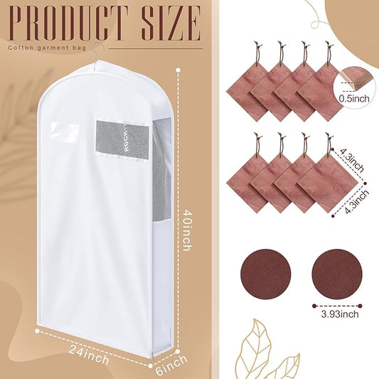 2 Sets 40 Inch Short Cotton Garment Bags, Breathable Hanging Clothes Covers with Card Pocket & Mesh Viewing Window, 8 Cedar Blocks for Suits, Sweaters, Fur Coats, Short Dresses, 6 Inch Wide