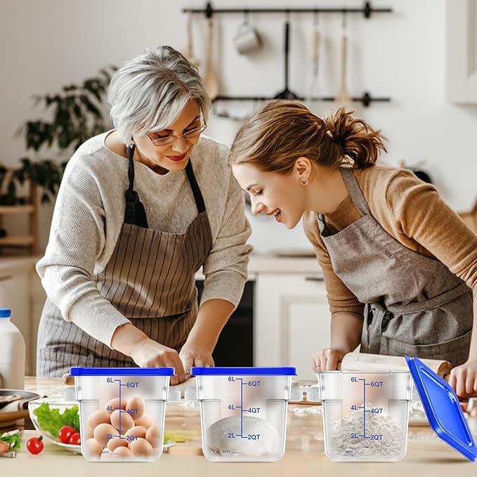 FeyBuosk 4 pcs 6qt Food Storage Containers with Lid, Square Clear Commercial Food Storage Containers with Handle and Scale for Food Storage in Home Kitchen & Dining (Blue)