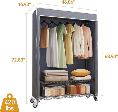H4 Plus Rolling Clothes Rack with Cover, Heavy Duty Garment Rack, Wardrobe Closet with Wheels, Portable Closets for Hanging Clothes, Closet Organizer Storage, Black Rack with Grey Cover