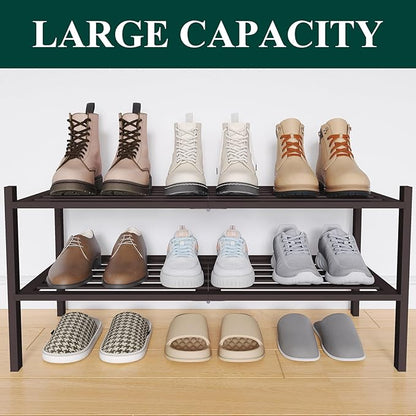 Smiry Bamboo Shoe Rack 2-Tier, Stackable Wooden Shoe Organizer for Entryway & Closet, Free Standing Wood Shoe Storage Shelf for Front Door & Small Spaces, Brown