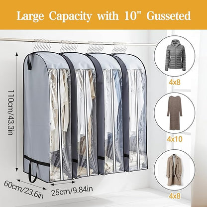 4 Pack 10" Gusseted Garment Bags for Hanging Clothes, 43" Long Suit Bags for Closet Storage with Handles Side Clear Garment Covers with Zipper for Coat, Dress, Jacket, Sweaters, Shirt, Gowns (Grey)