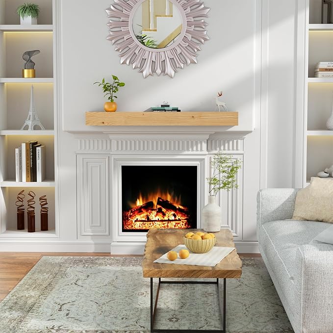 ROOMTEC Fireplace Mantel,60" Wood Floating Fireplace Shelves,Wall Mounted Wooden Display Shelving,Handcrafted Wood Brack,Natural Mantels Over Fireplace | 60" x 8" x 5"-Clear Varnished Natural Wood