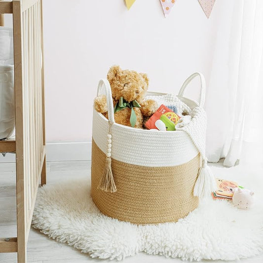 Mkono Woven Storage Basket Decorative Natural Rope Basket Wooden Bead Decoration for Blankets,Toys,Clothes,Shoes,Plant Organizer Bin with Handles Living Room Home, 16" Wx13.8 L, Cream White and Brown