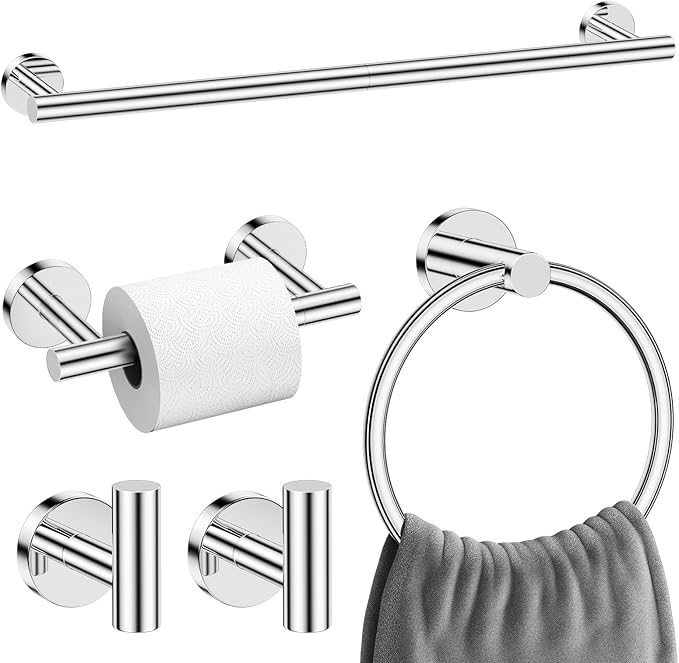 5 Pieces Polished Chrome Round Towel Bar Set Bathroom Hardware Accessories Set Upgraded Toilet Paper Holder Towel Racks Set for Bathroom Stainless Steel Wall Mounted 23.6 in